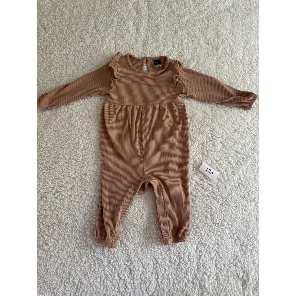 Old Navy Ribbed Ruffle Long Sleeve Jumpsuit Baby 6-12 M Mauve Tan Good 123